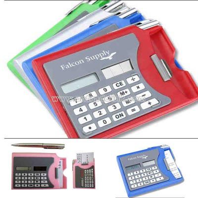 Calculator with card holder and pen