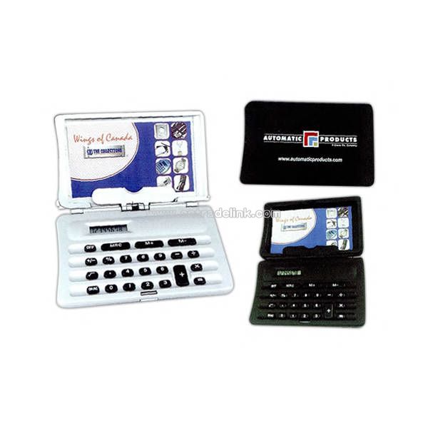 Pocket size battery powdered calculator with business card holder