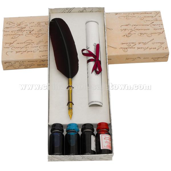 Quill Feather Pen Set with 4 Bottles of Ink